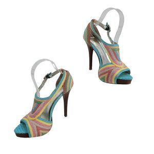 Report Signature Stiletto Heels 8 Pastel Rainbow Stripped Vegan Raffia Wood Heel